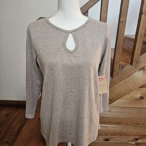 Elegant Gray Women's Top With Rhinestone Around Tge Collar